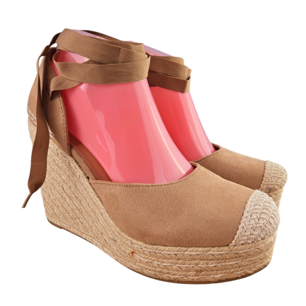 Soda Womens 9 Tan Faux Suede Ribbon Tie Espadrille Wedge Sandals‎